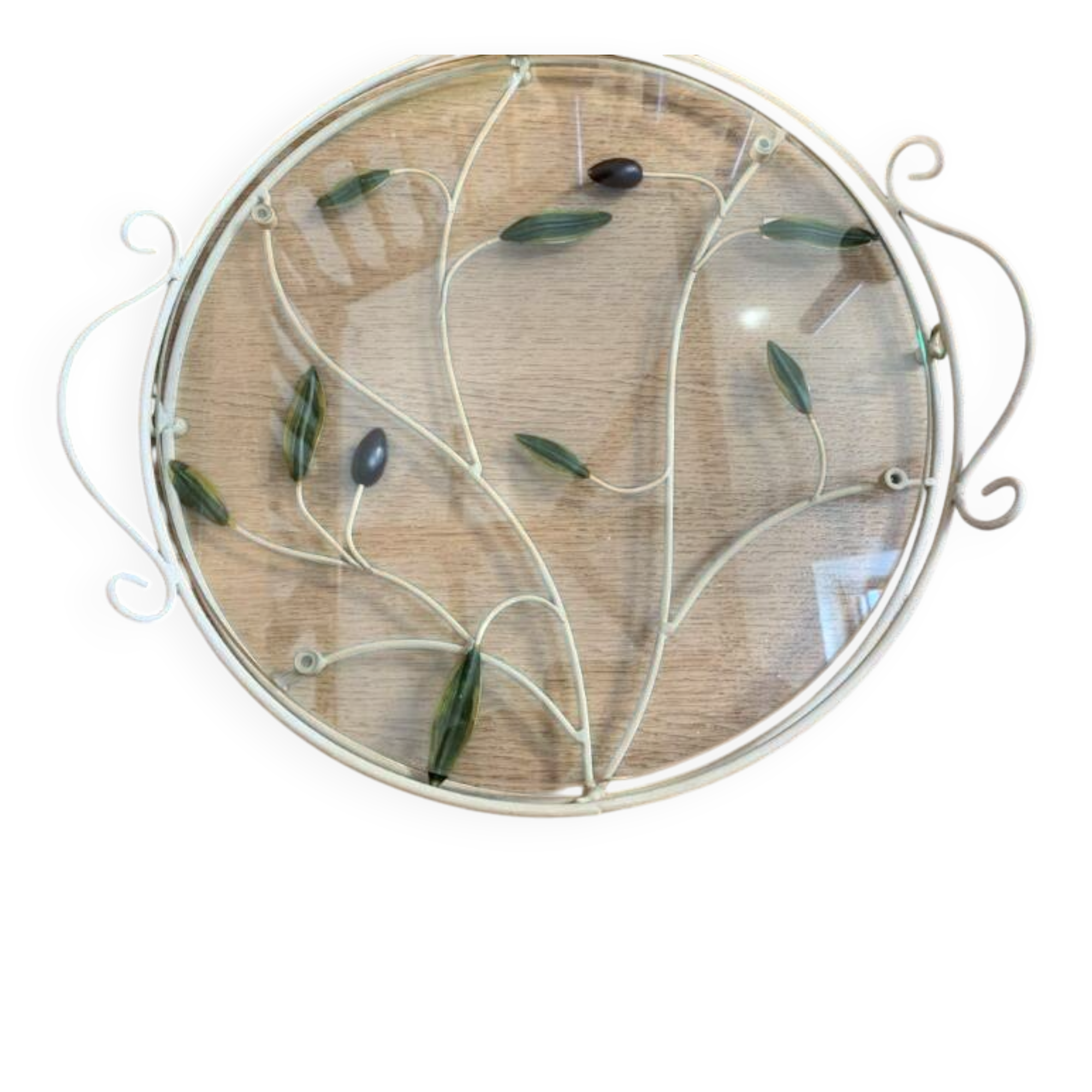 Round wrought iron and glass tray decorated with olives and foliage