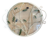 Round wrought iron and glass tray decorated with olives and foliage