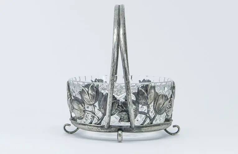 Postmodernist sugar bowl, silver-plated brass, glass, Poland, 1970s