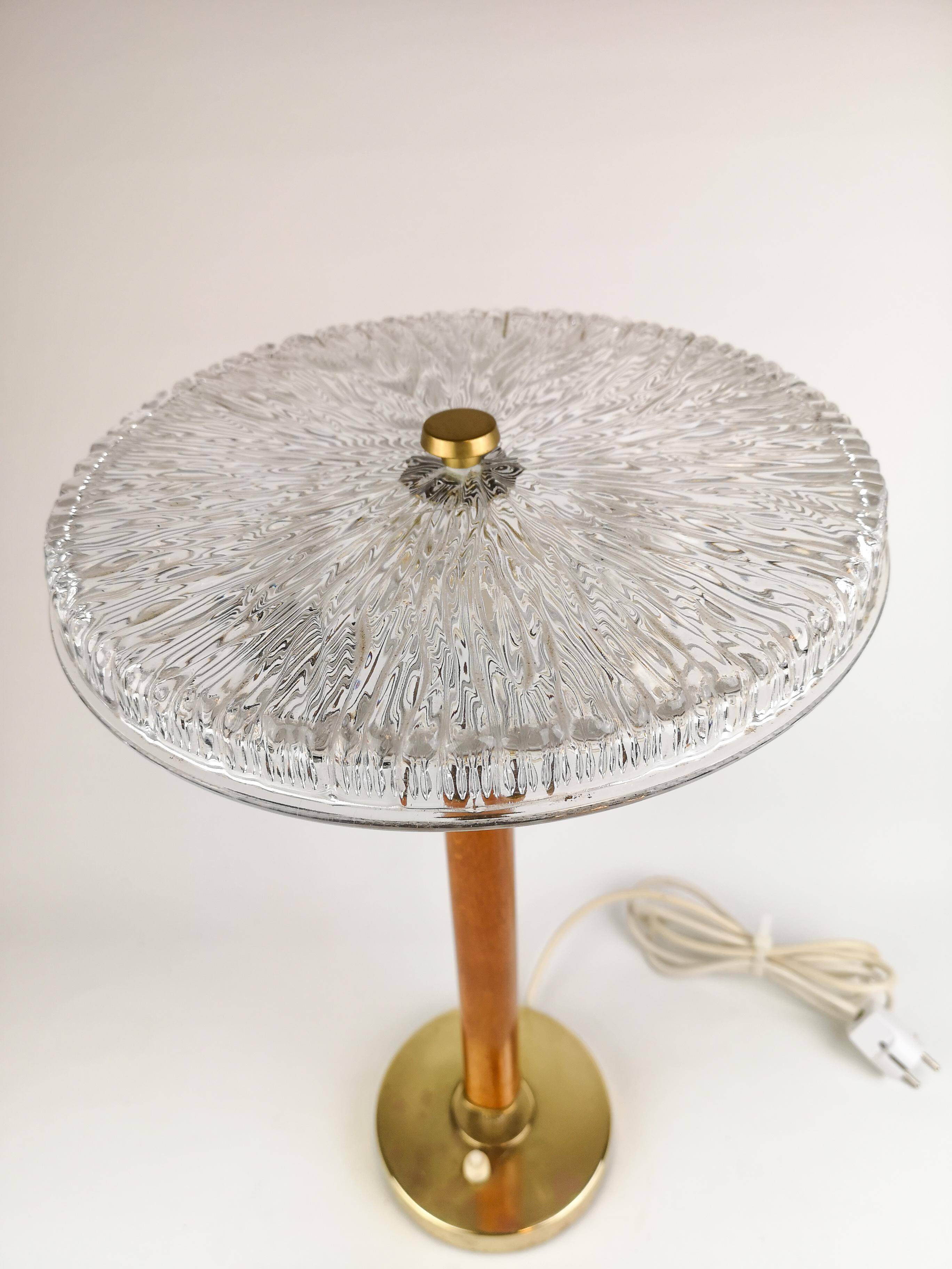 Mid-century Swedish table lamp in brass, crystal, and wood by Boréns.