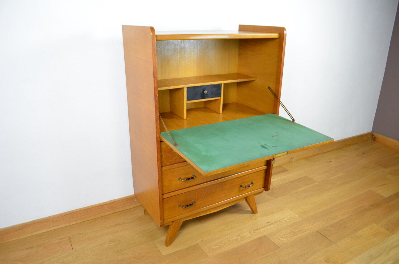 Secrétaire pieds compas & chêne doré vintage 1950