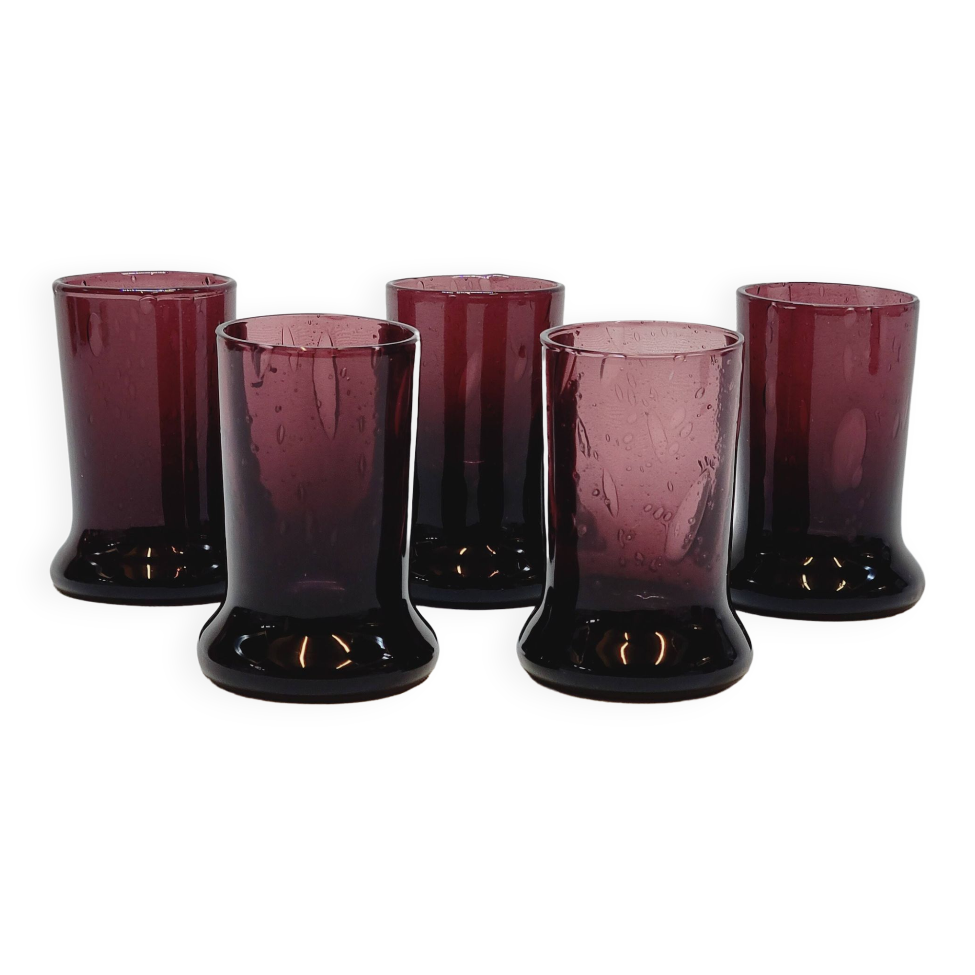 5 Small Liqueur Glasses Vodka Cups in Bubble Blown Glass Plum Biot?