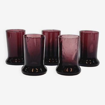 5 Small Liqueur Glasses Vodka Cups in Bubble Blown Glass Plum Biot?