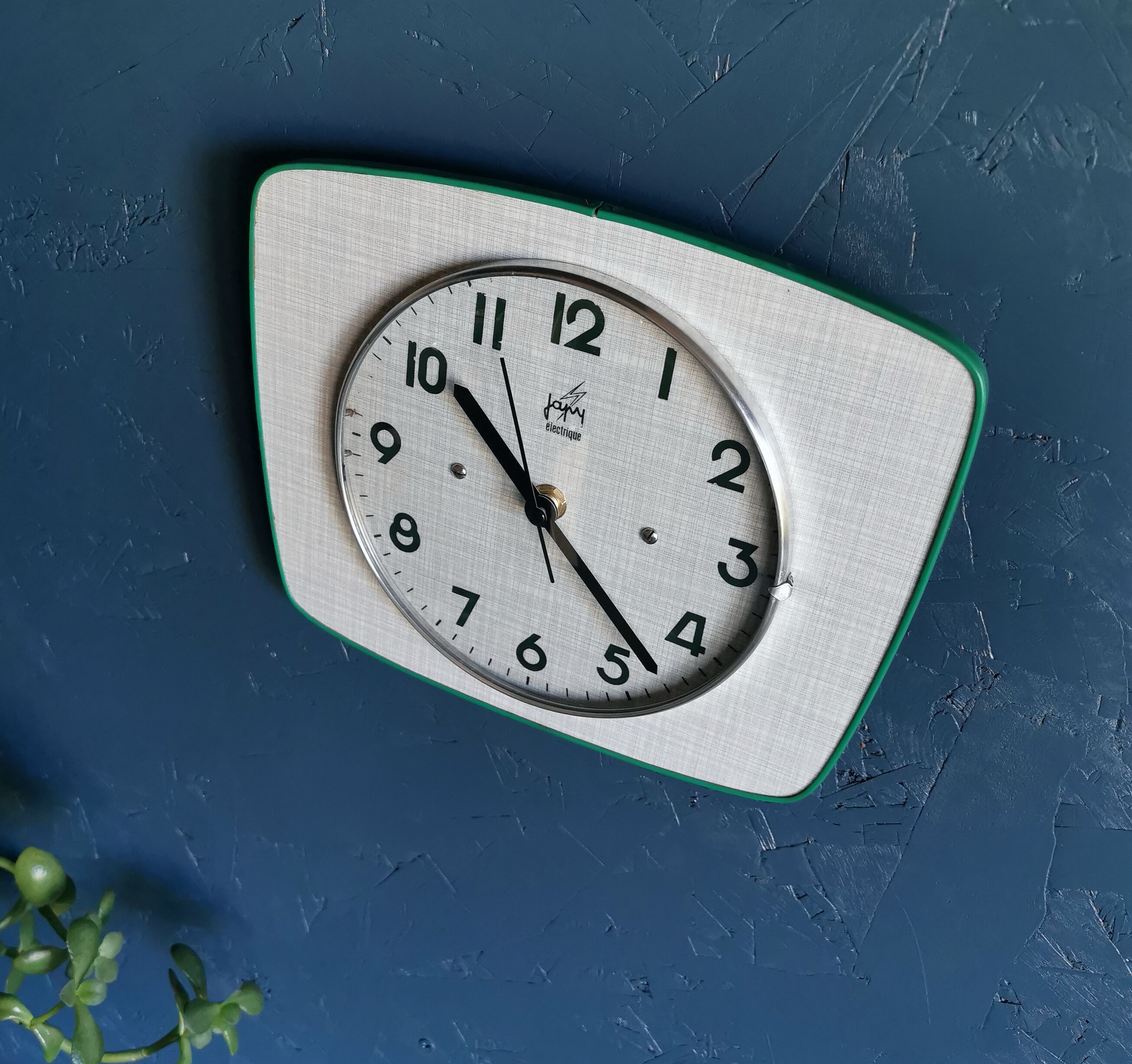 Vintage formica clock silent trapezoid wall clock "Green Japy"