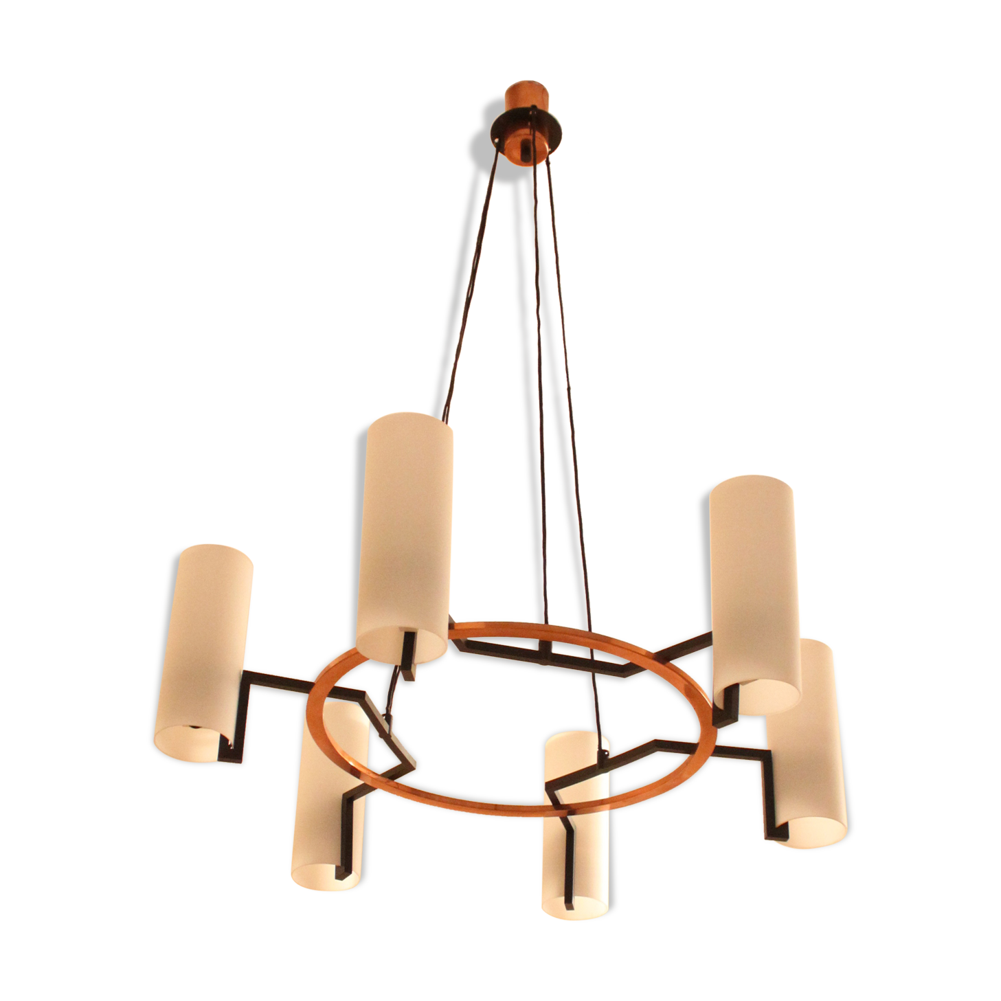Modernist chandelier of the 60s, copper and opaline, cathedral
