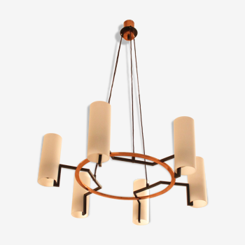 Modernist chandelier of the 60s, copper and opaline, cathedral