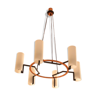 Modernist chandelier of the 60s, copper and opaline, cathedral
