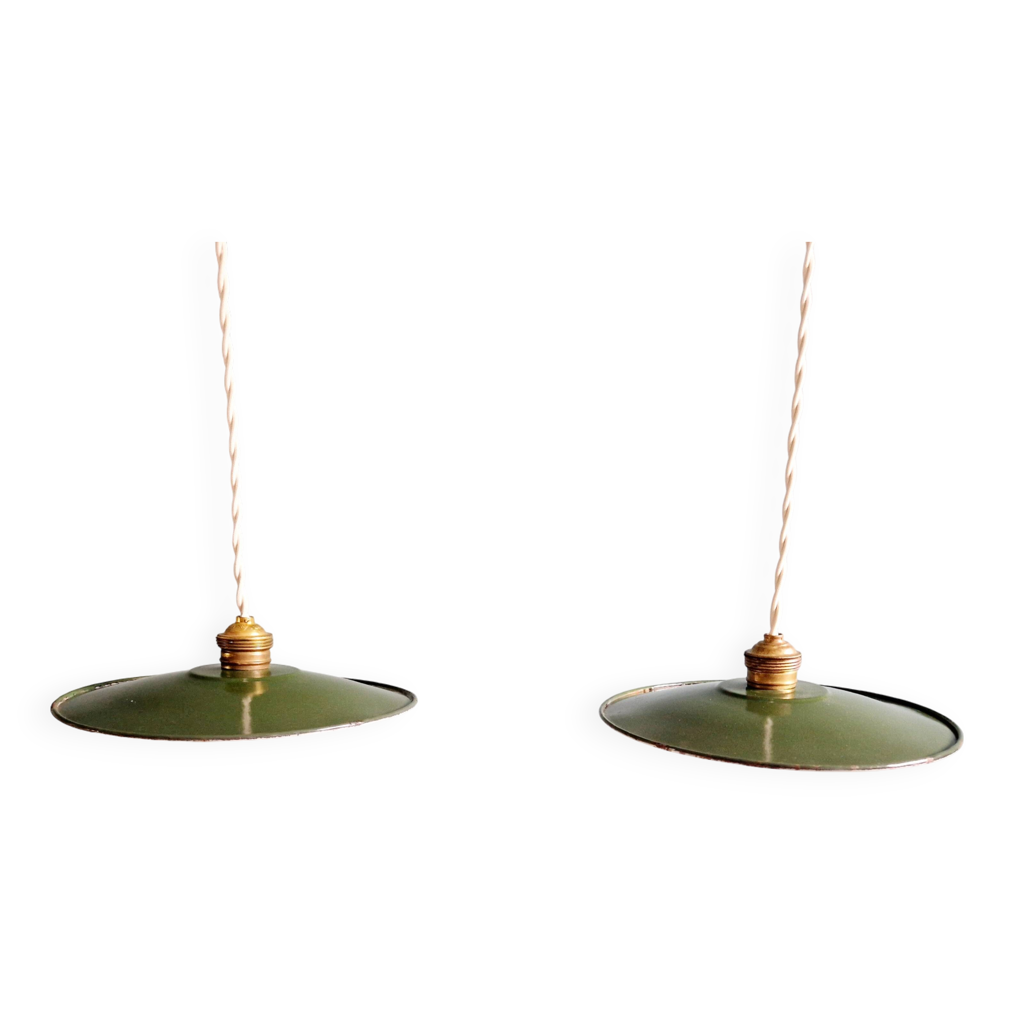 Pair of industrial pendant lights in green enamelled sheet metal