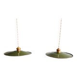 Pair of industrial pendant lights in green enamelled sheet metal