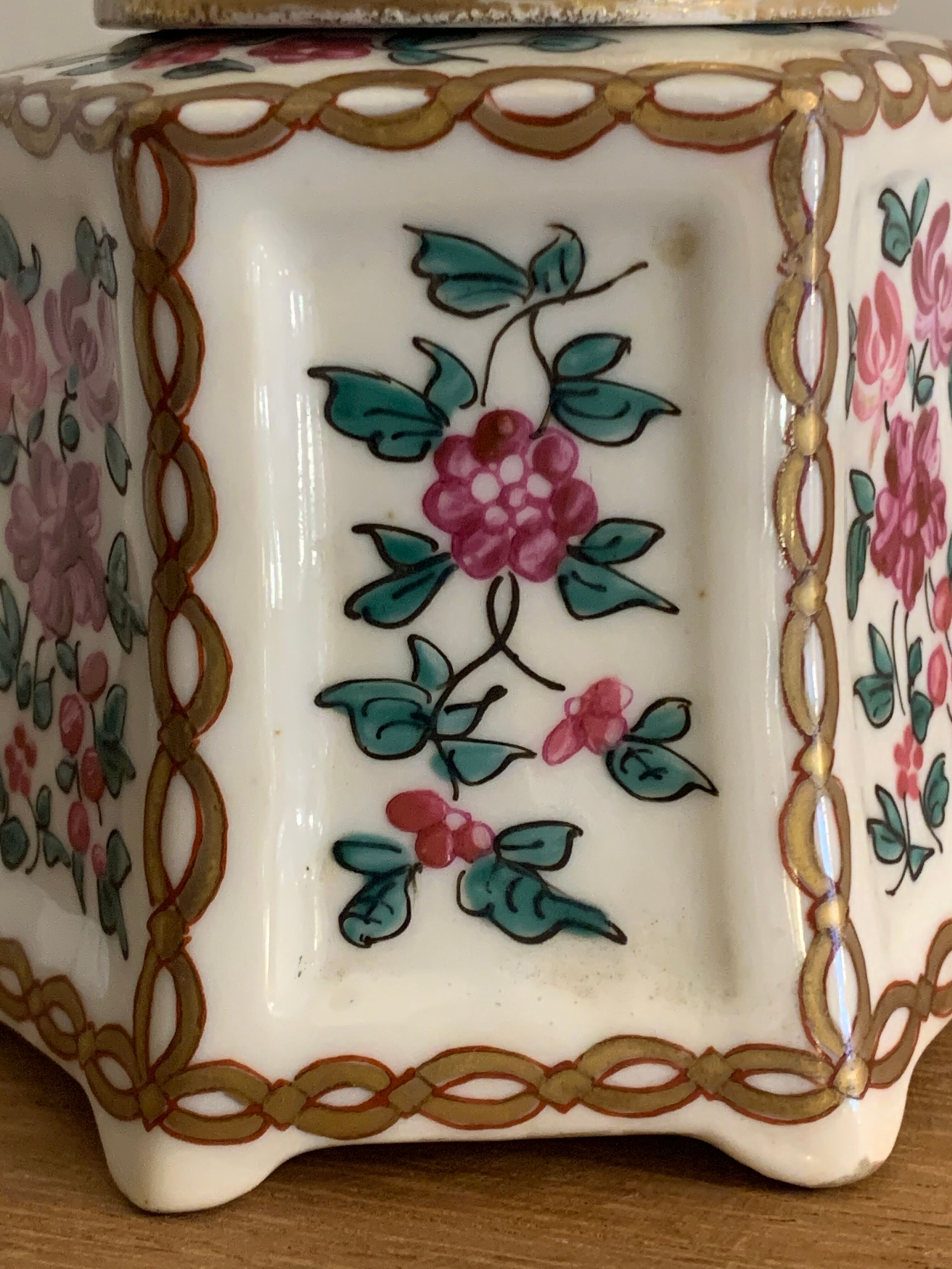 20th century polychrome porcelain inkwell floral decoration