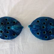 2 blue ceramic duck flower picks