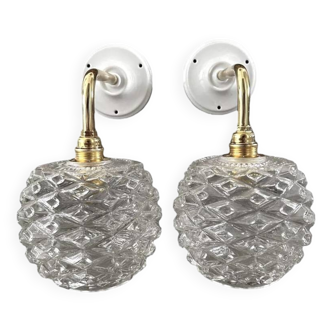 Pair of vintage pinecone chiseled glass wall sconces