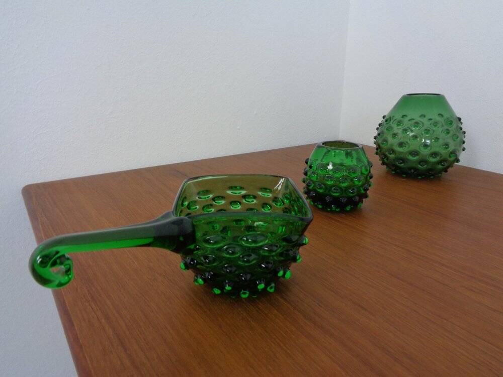Italian green bubble glass vases and bowl by Empoli, set of 3, 1960s.