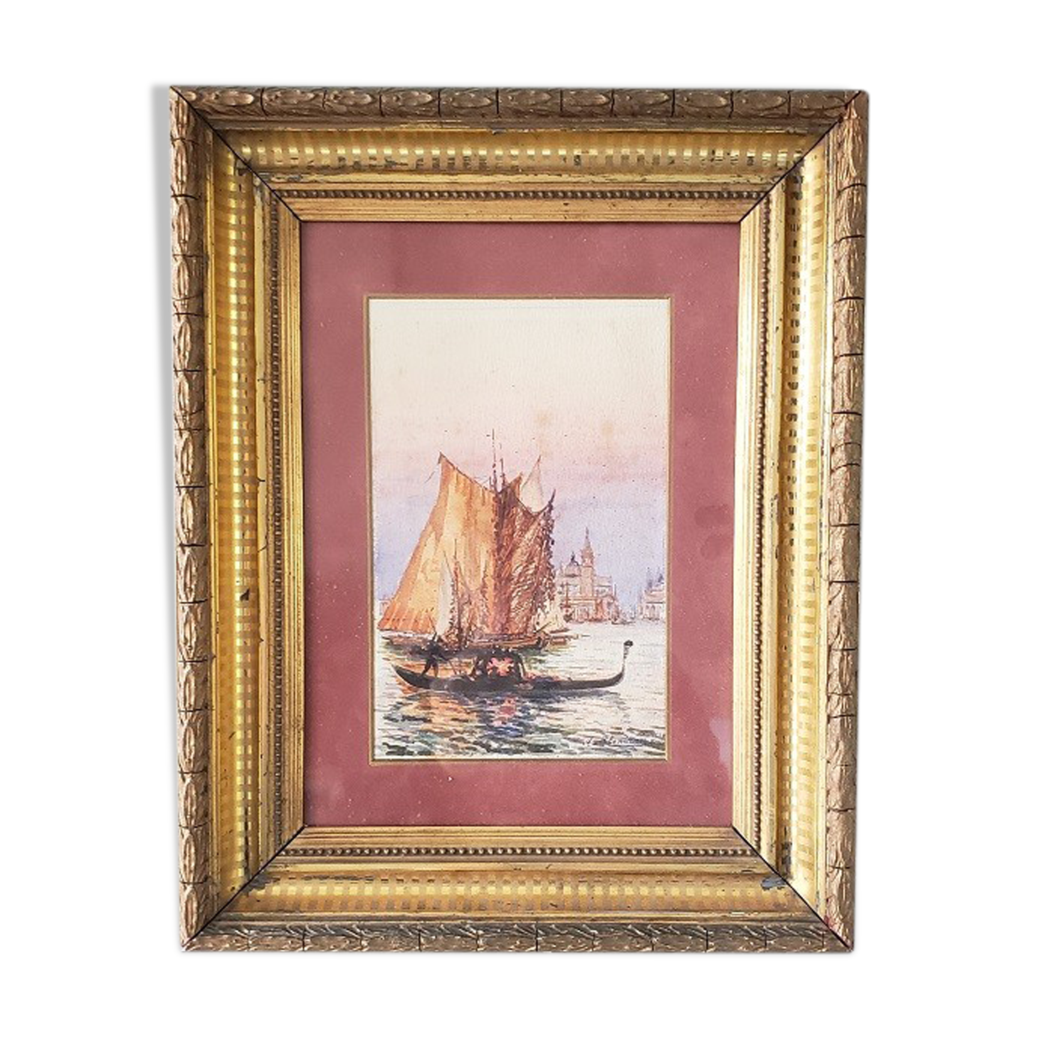 Watercolor painting "Gondola in Venice" by Alfred Justin Blondeau (XIXth).