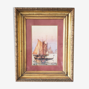 Tableau Aquarelle « Gondole à Venise » de Alfred Justin Blondeau (XIXème).