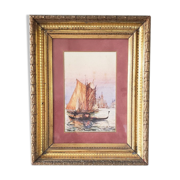 Tableau Aquarelle « Gondole à Venise » de Alfred Justin Blondeau (XIXème).
