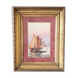 Watercolor painting "Gondola in Venice" by Alfred Justin Blondeau (XIXth).