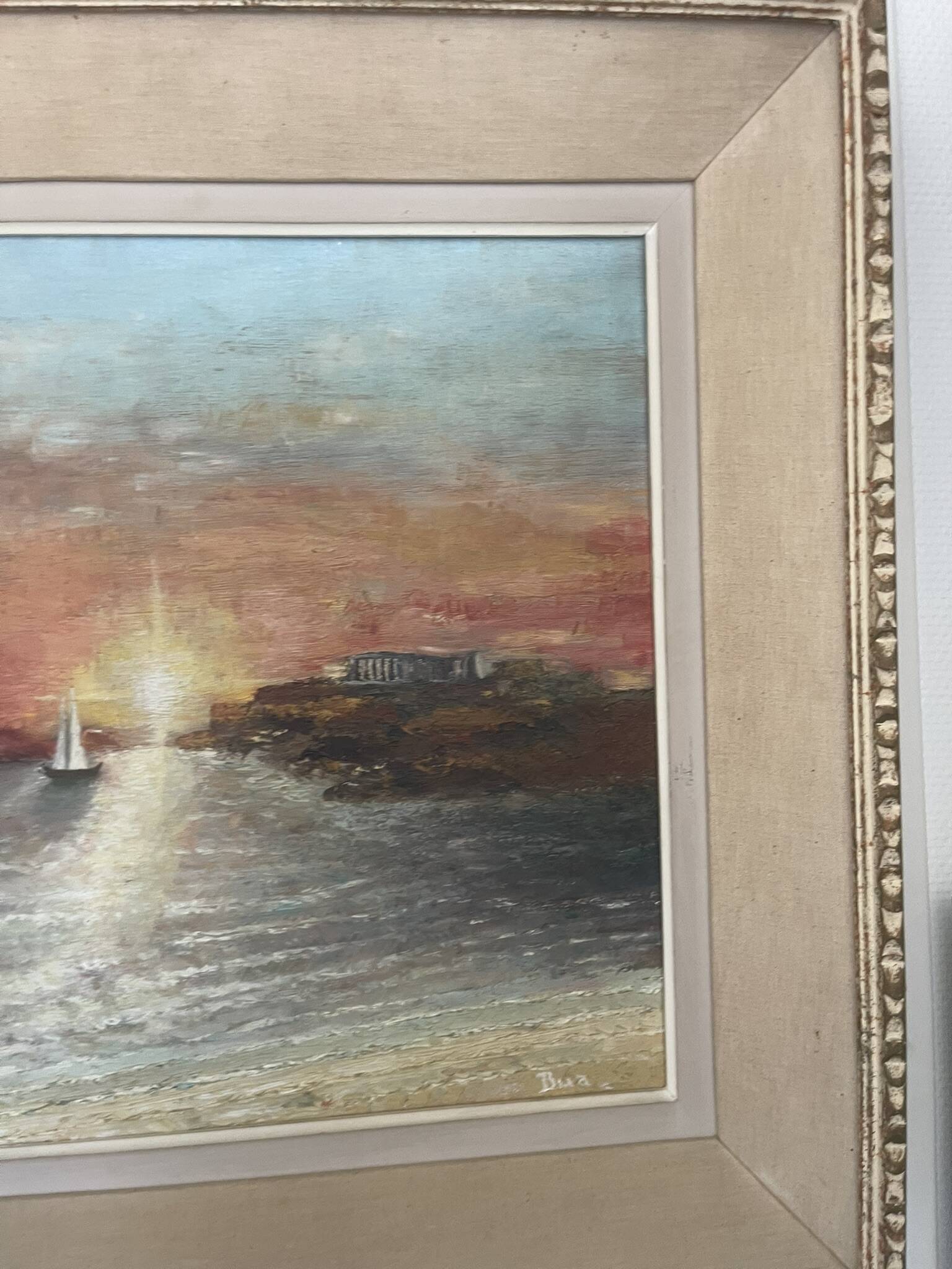 Oil Painting Canvas Sunset Boat Sea Sailboat Frame 62x