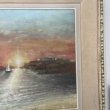 Oil Painting Canvas Sunset Boat Sea Sailboat Frame 62x