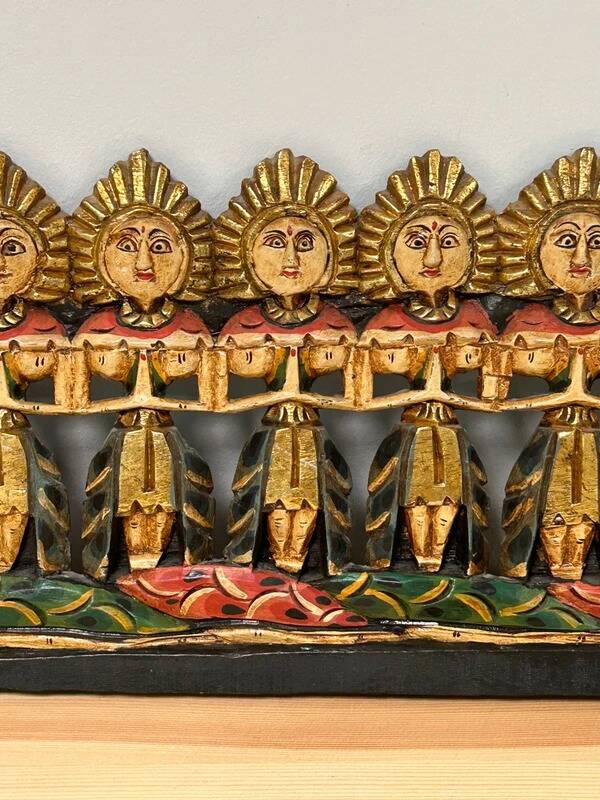 Balinese wall panel carved wood gilded polychrome dragon procession