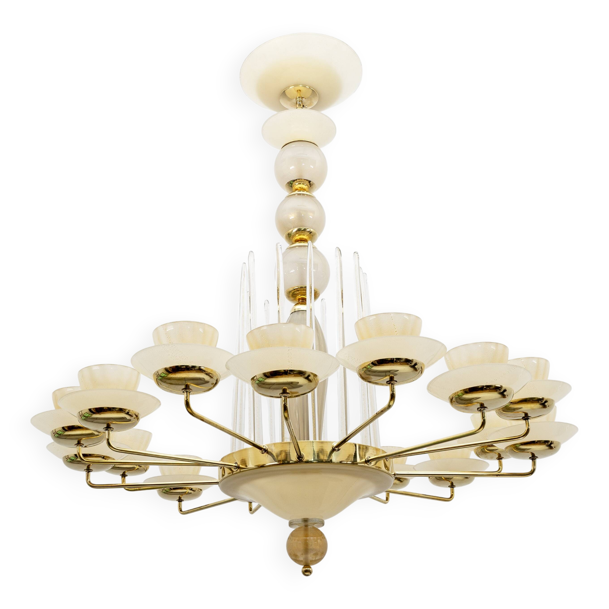 Mid Century Modern Style Brass and Murano Glass Big Chandelier