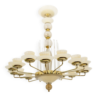 Mid Century Modern Style Brass and Murano Glass Big Chandelier