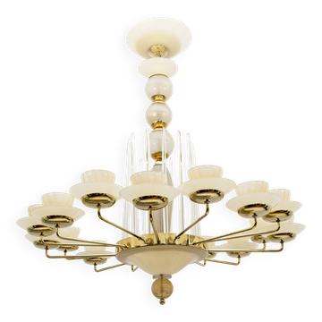 Grand lustre de style moderne du milieu du siècle en laiton et verre de Murano