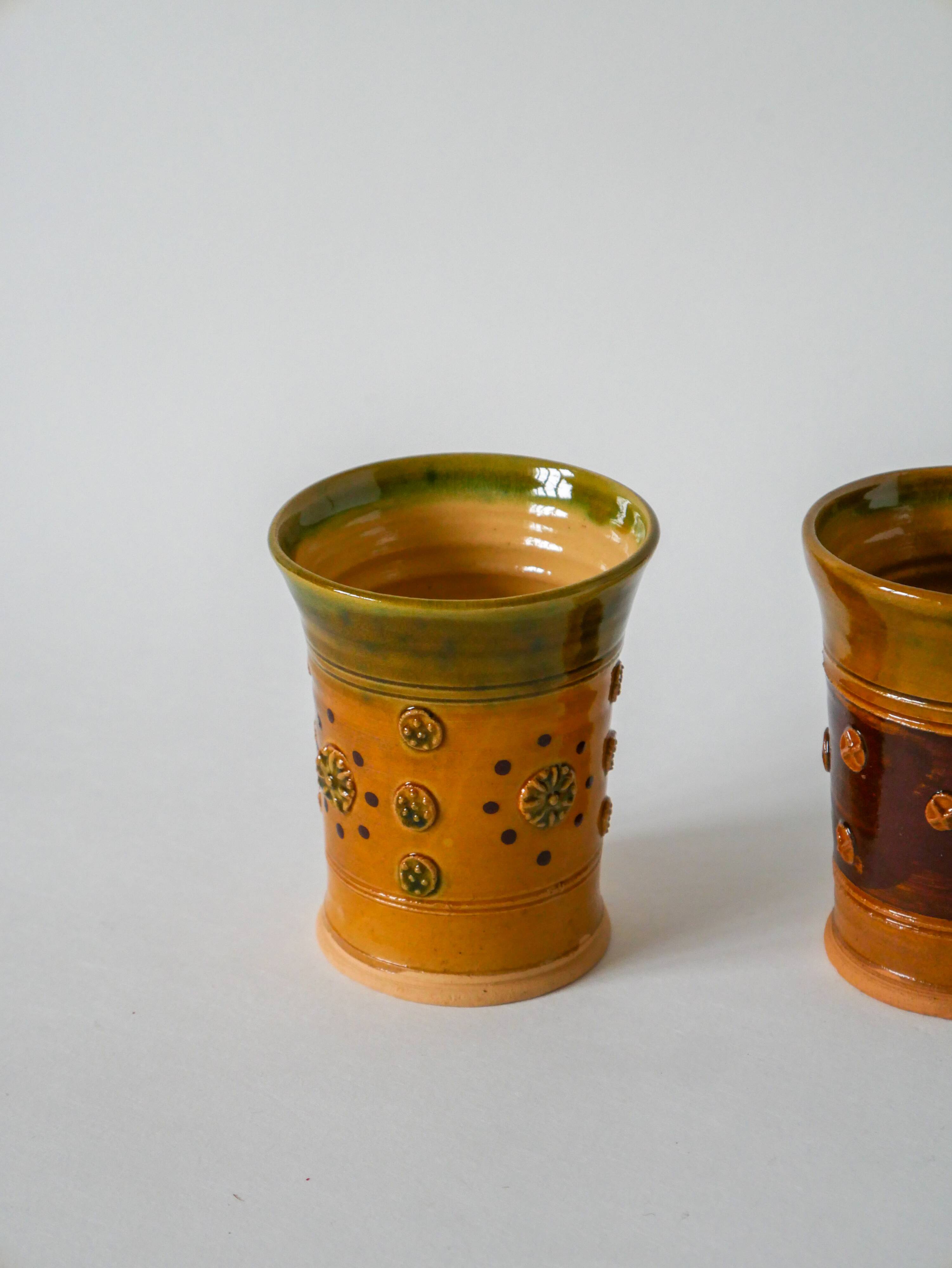 Pair of yellow and green ceramic/pottery cups, vintage, 1970