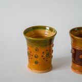 Paire de gobelets en céramique / poterie jaune et vert, vintage, 1970