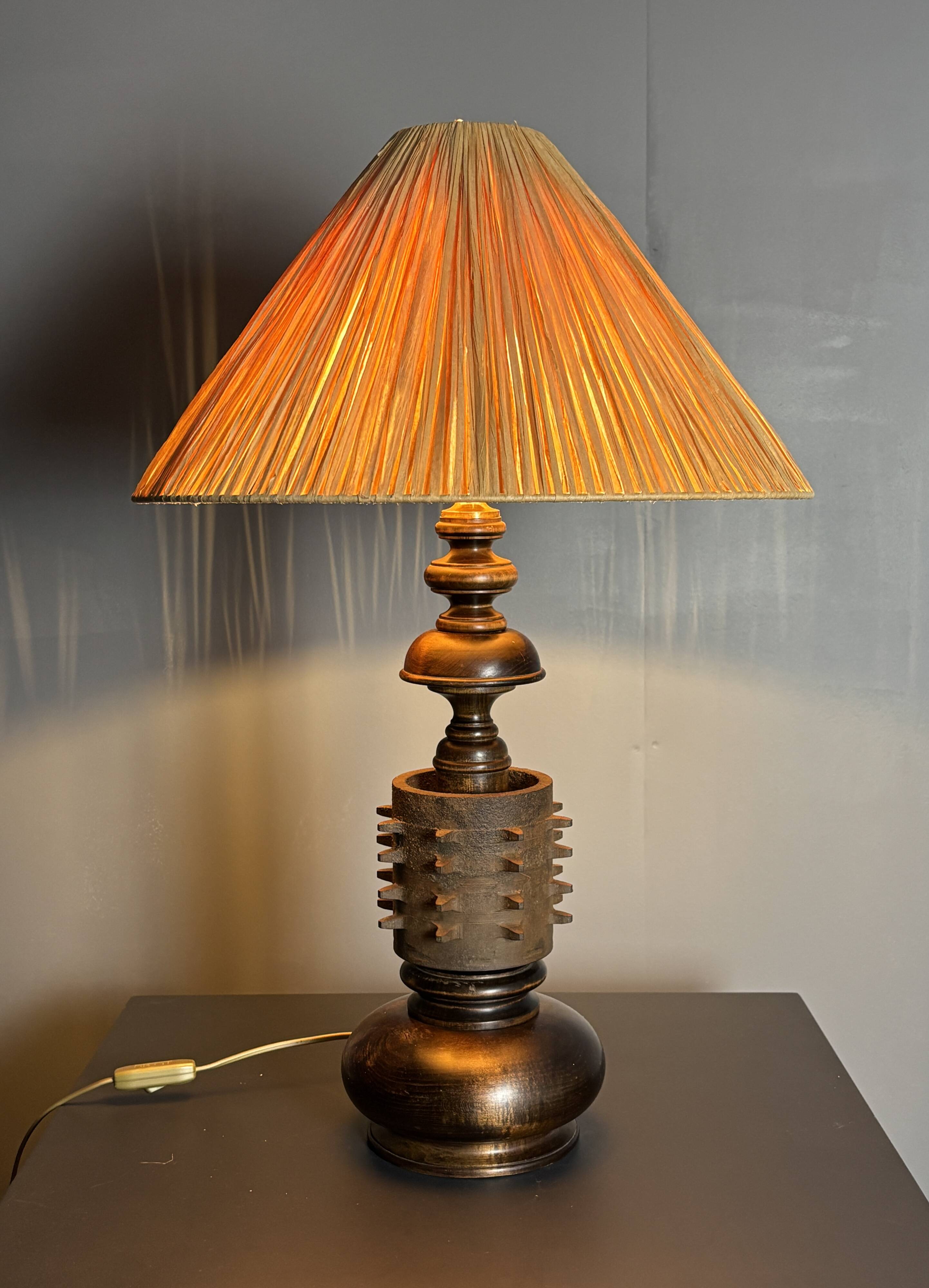 Brutalist wood turned and cast iron large table lamp, 1960s