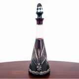 Crystal decanter in maroon color with glasses, Poland, 1960s