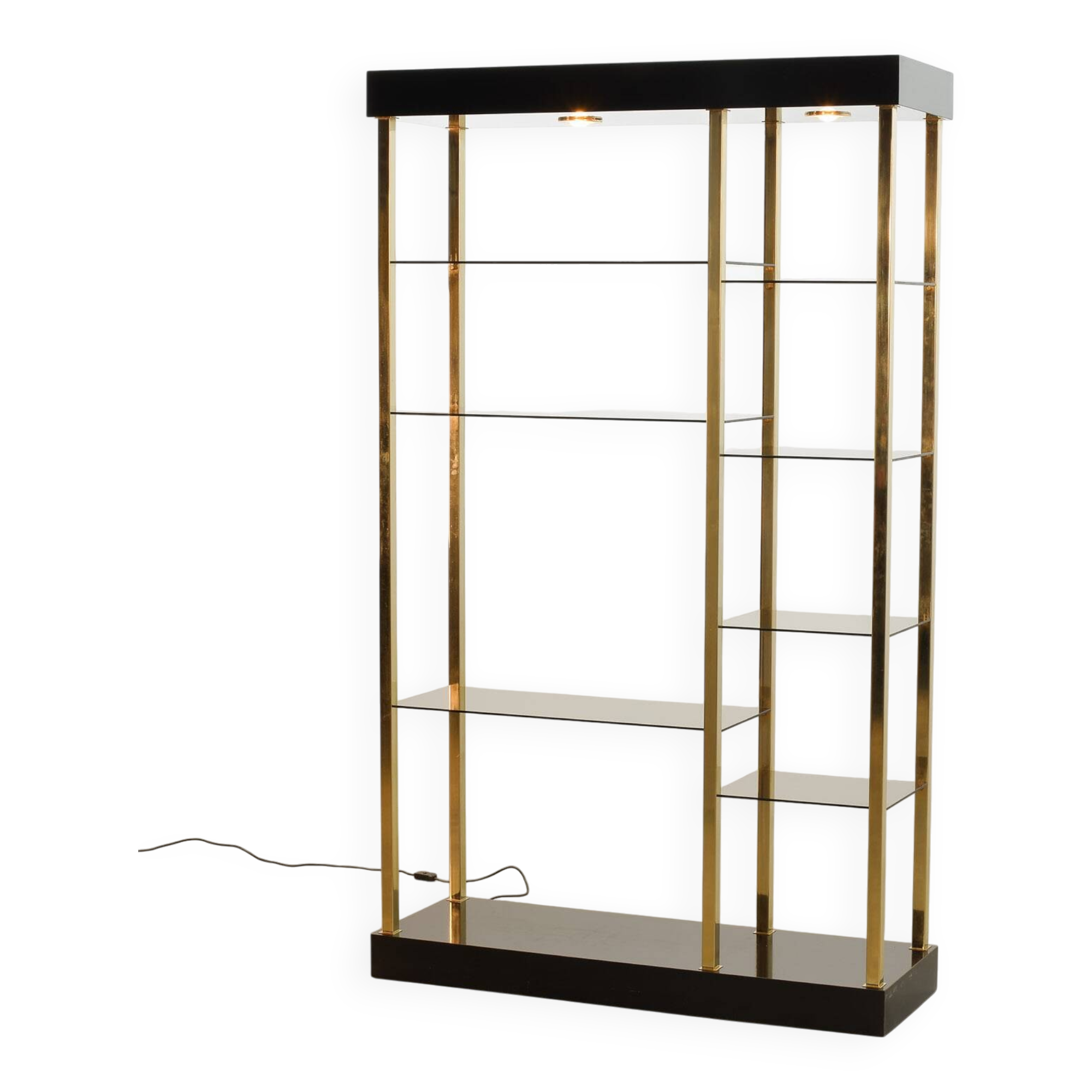 Black Belgo Chrom Hollywood Regency 20 Carat Gold Plated Shelving Unit 70s