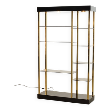 Black Belgo Chrom Hollywood Regency 20 Carat Gold Plated Shelving Unit 70s