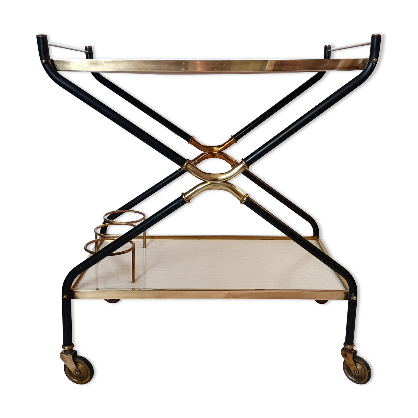 Rolling bar in gilded brass and black metal, Italy circa 1950