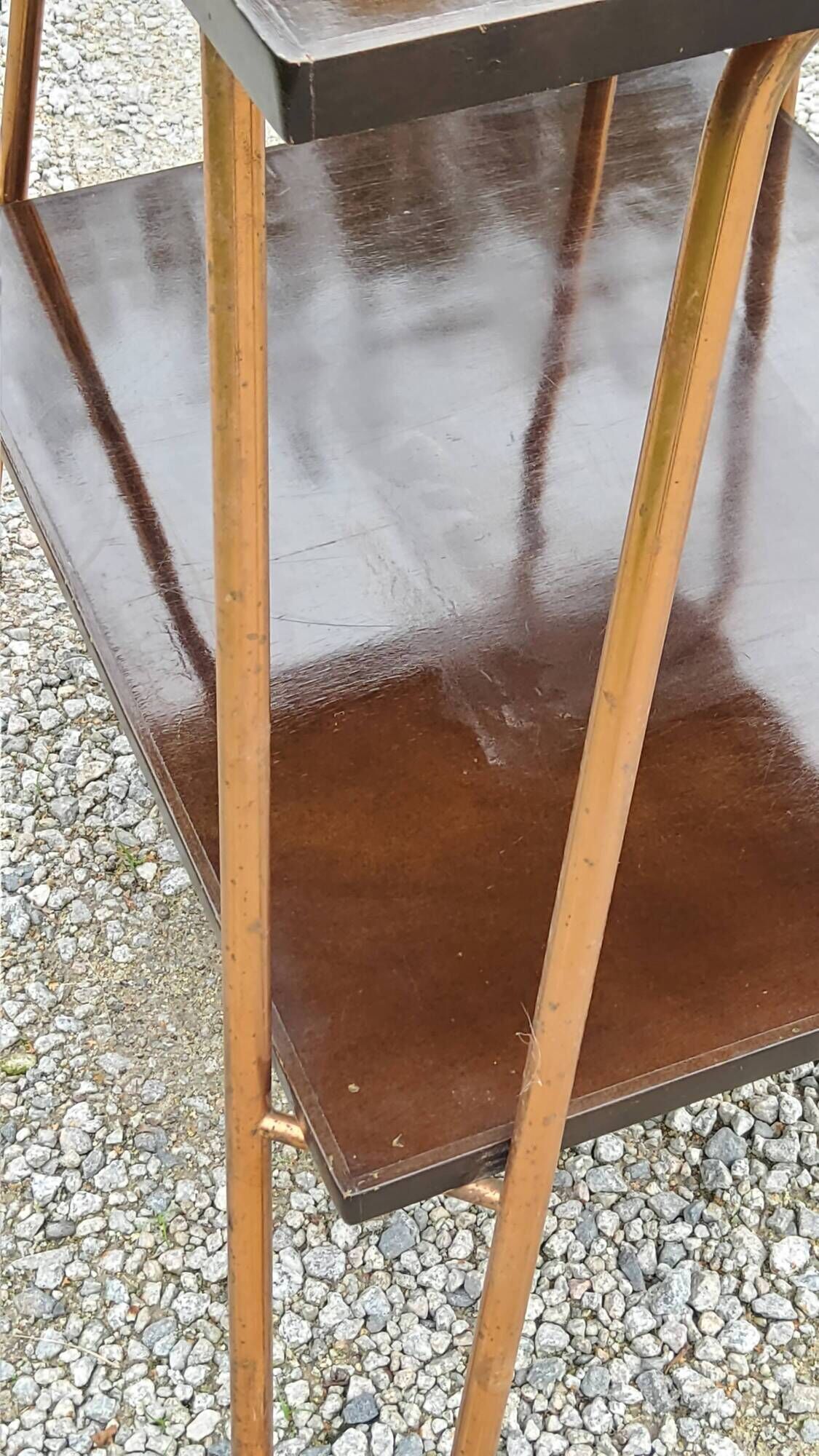 Vintage double wooden side table with copper base from the 50s