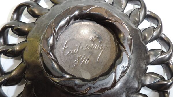 Coupe céramique tressée brun irisé et jaune/ centre de table/Coupe à fruits / Vallauris / Vintage