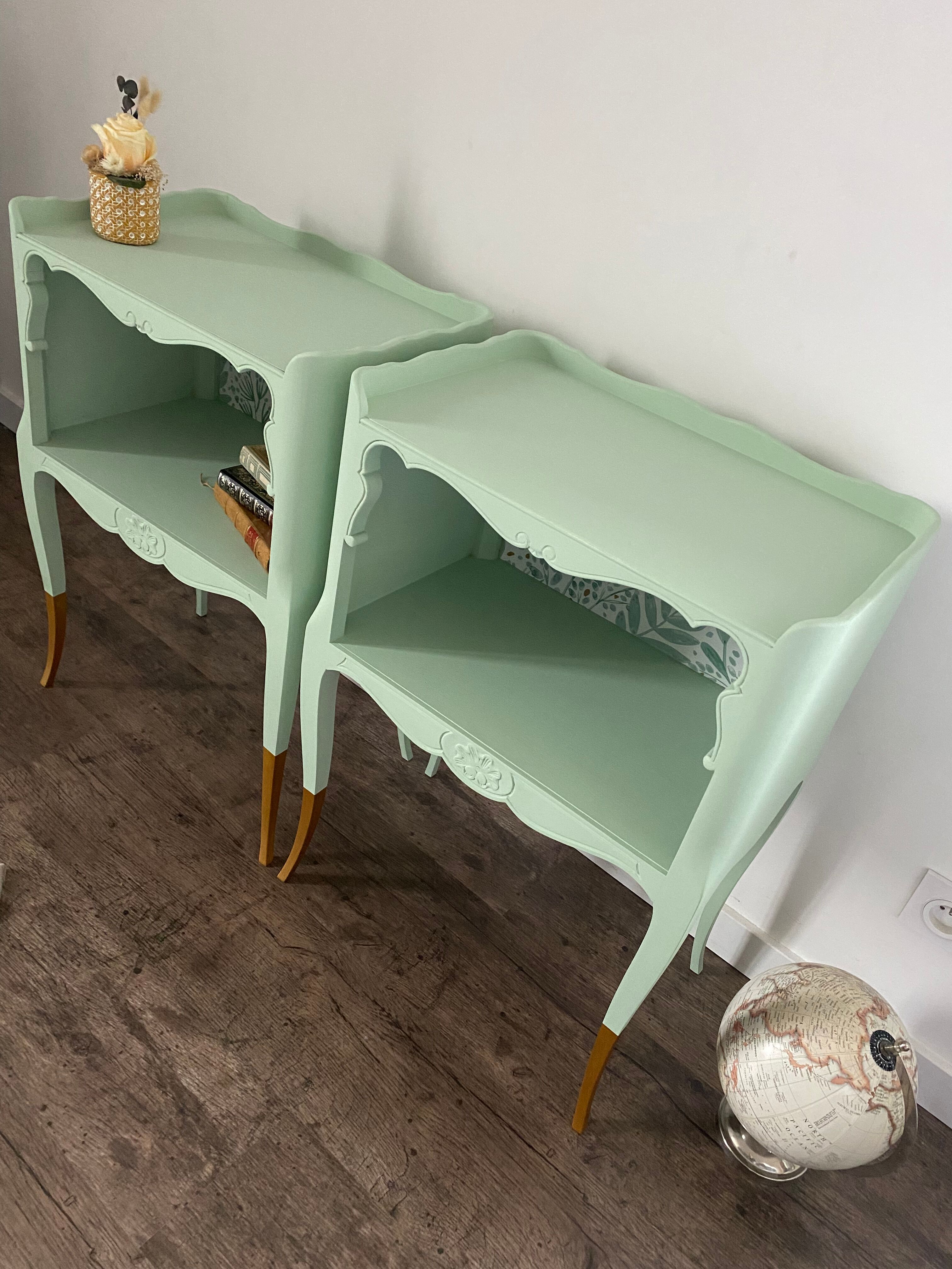 Pair of wooden bedside tables restyled green celadon