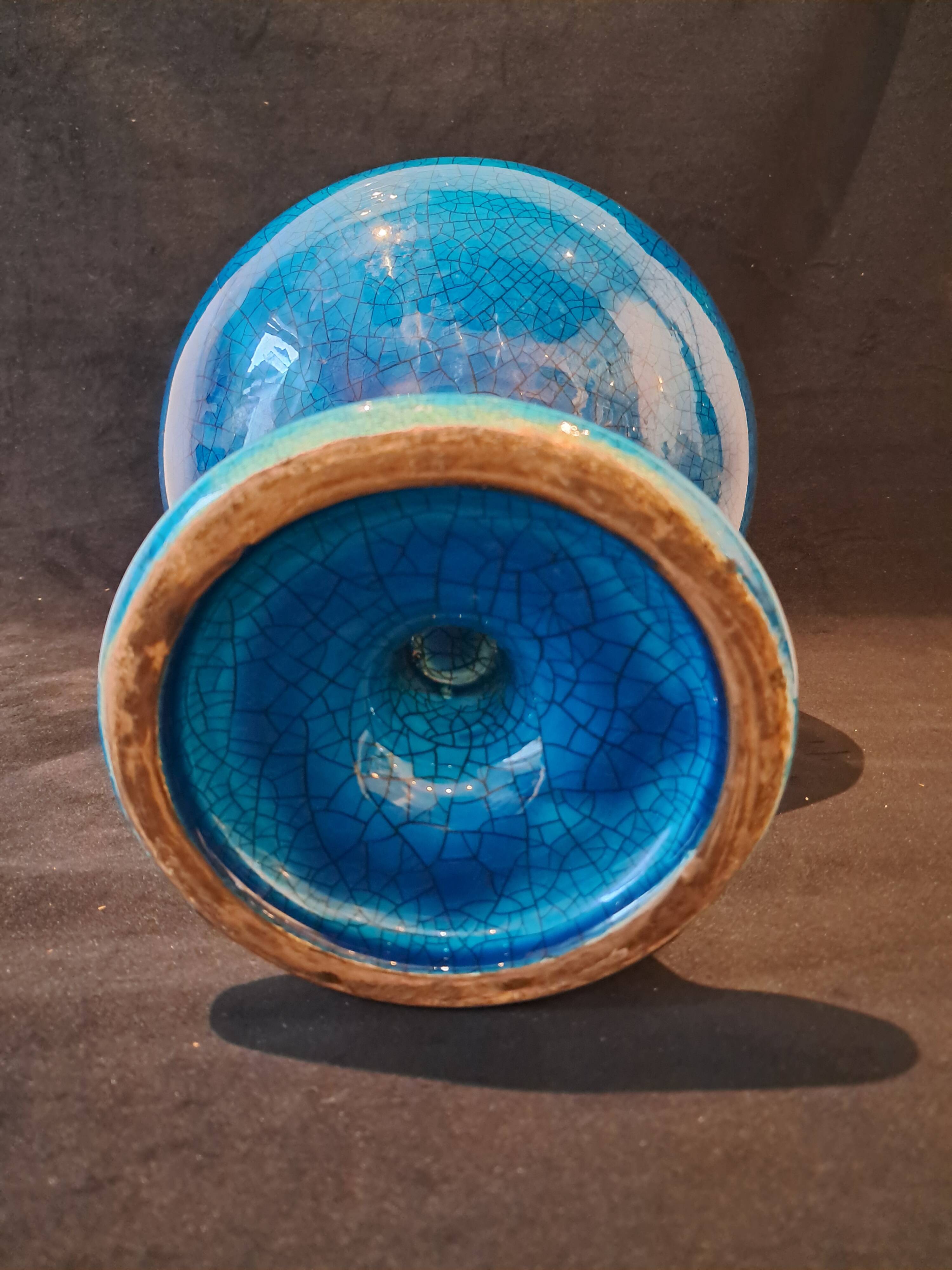 Large Turquoise Crackle Earthenware Footed Bowl Vase