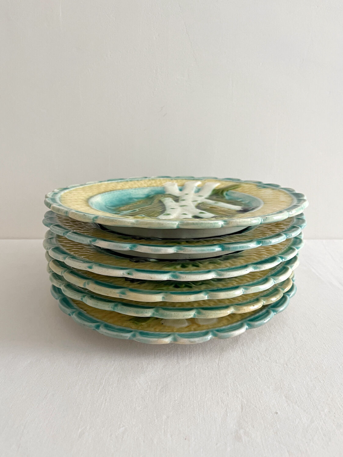 6 antique asparagus plates in Salins faience barbotine
