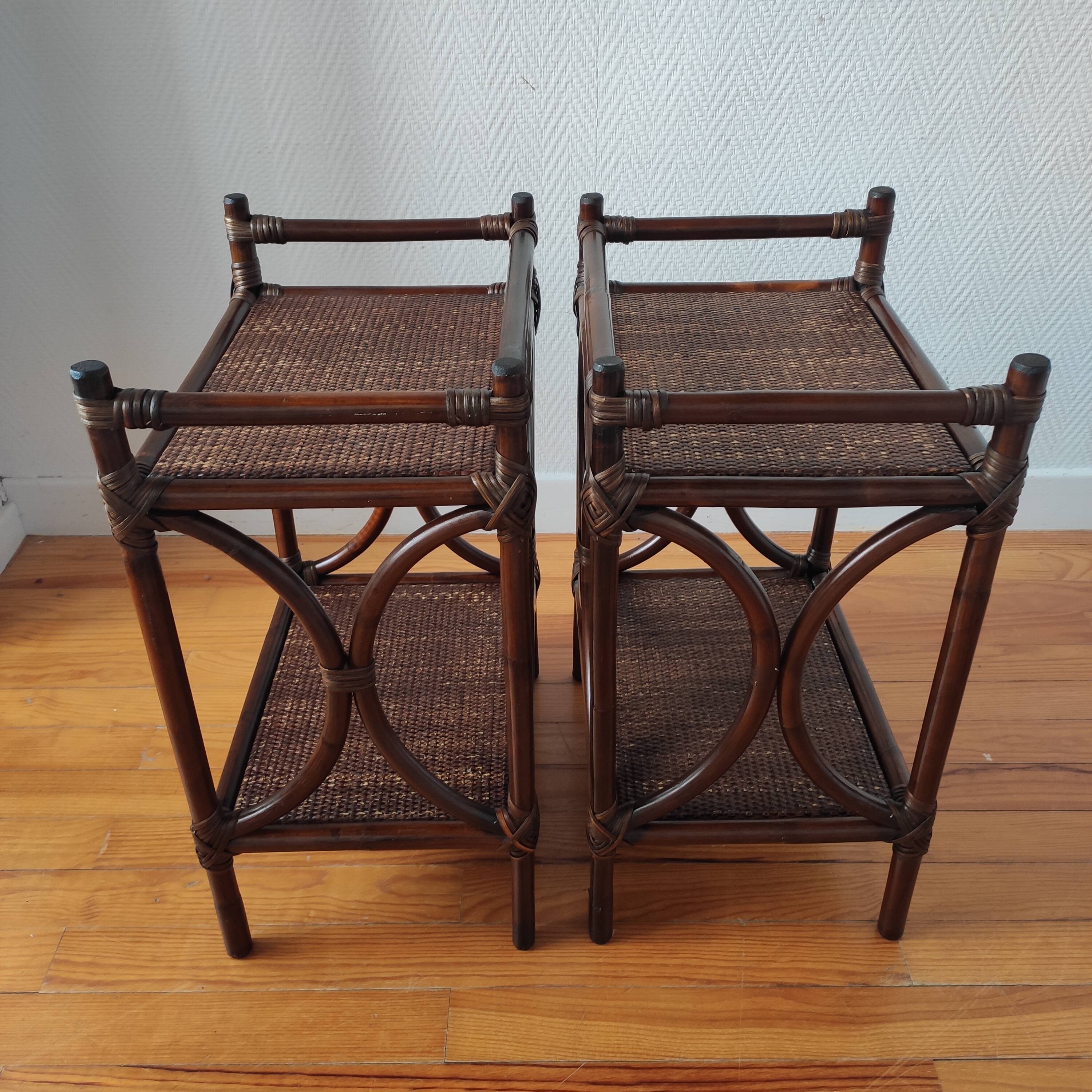 Pair of 1970s rattan bedside tables, side tables.