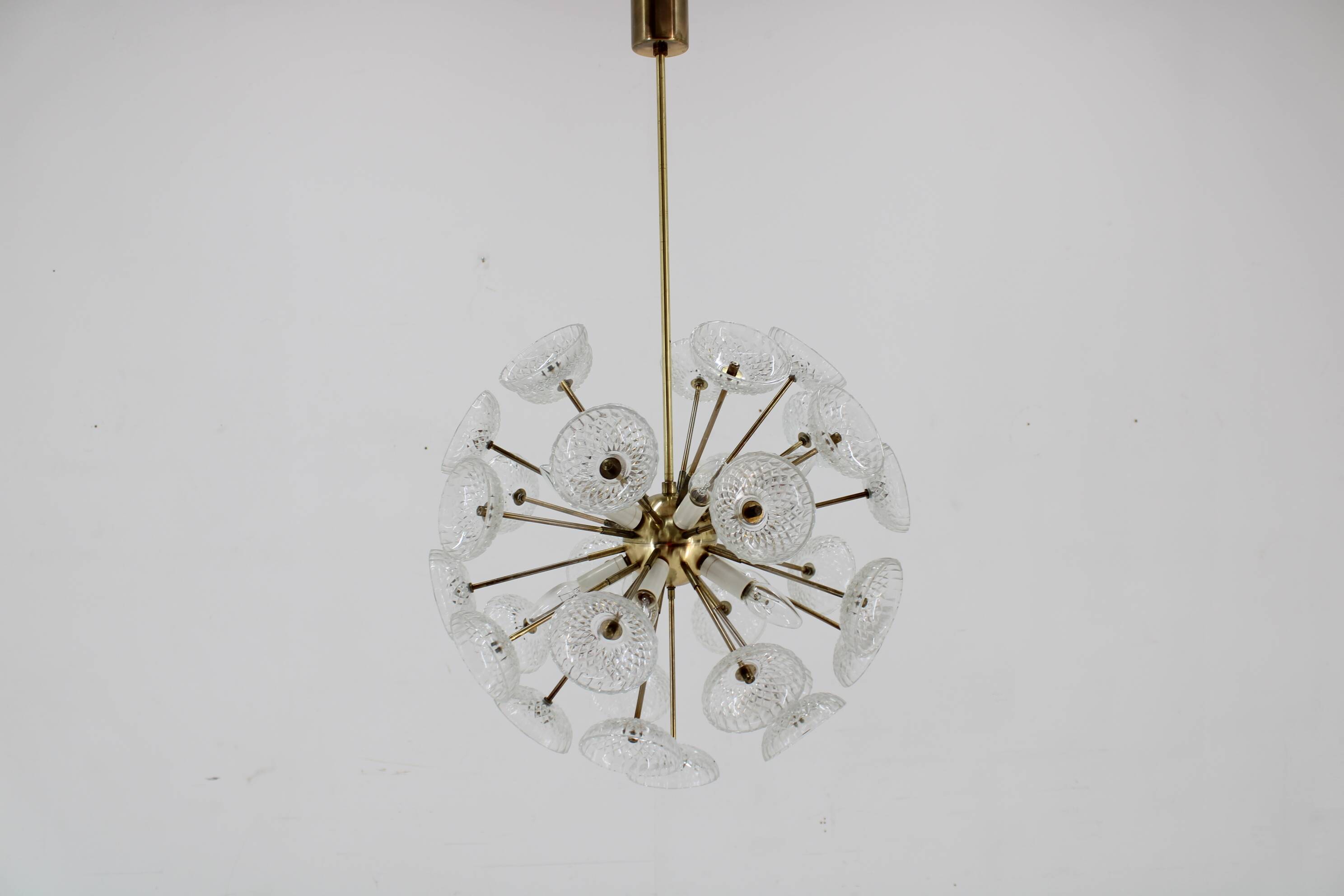 1970s Glass Dandelion Chandelier in Brass Finish by Kamenicky Senov, Czechoslovakia