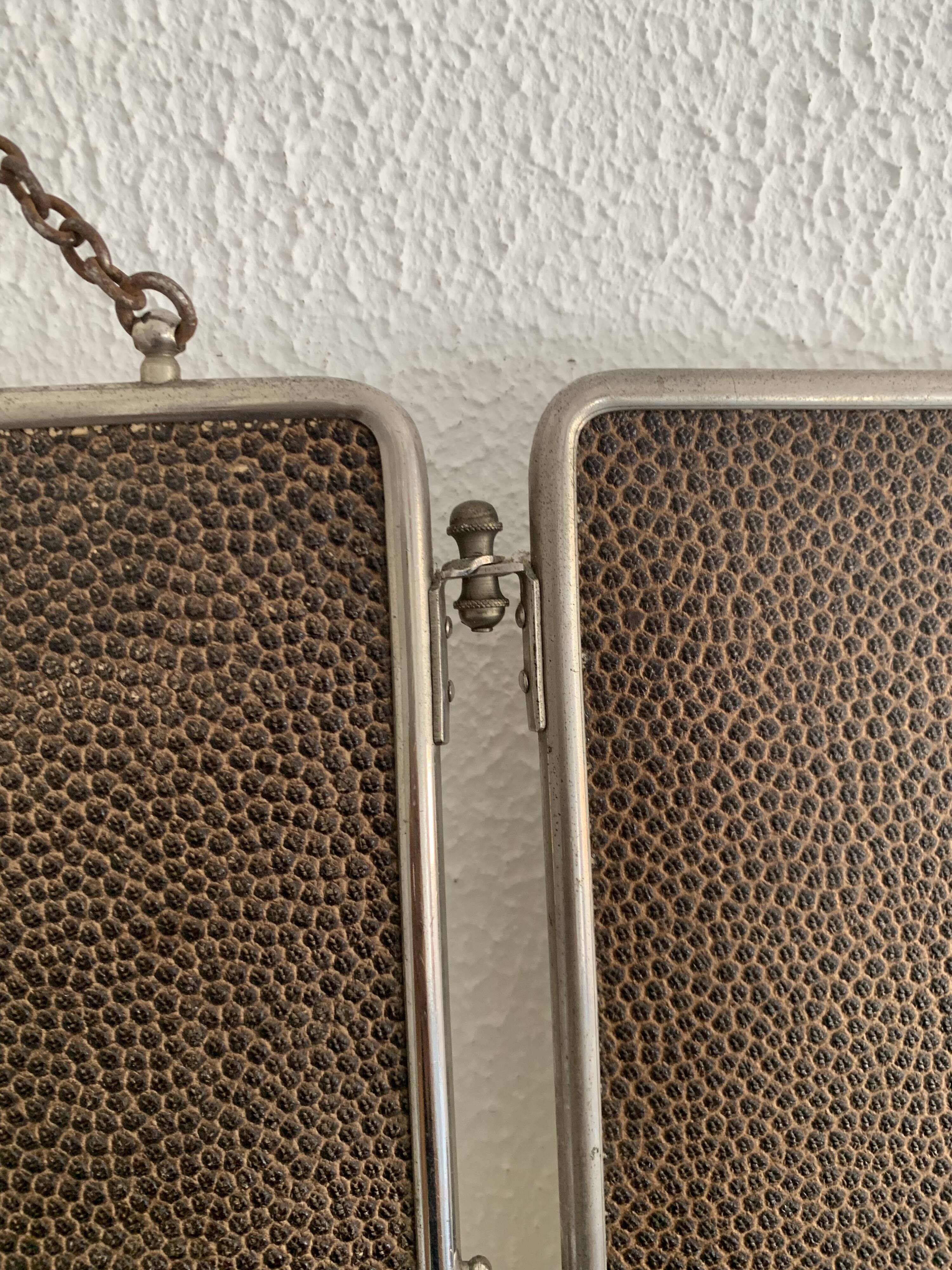 Miroir vintage 1930 triptyque barbier simili galuchat brun - 30 x 77 cm