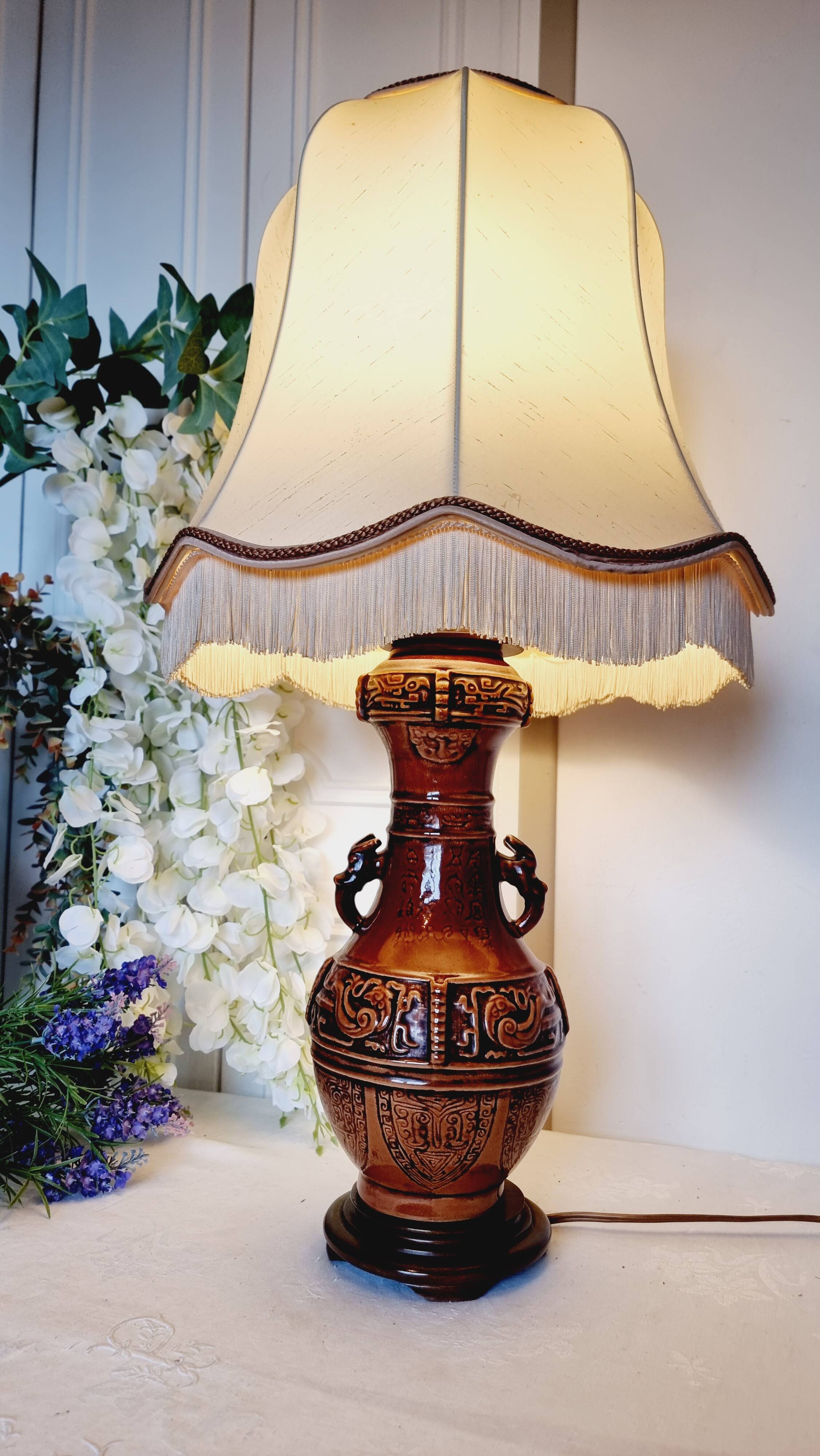 Large vintage table lamp in glazed ceramic, Oriental style 50s-60s.