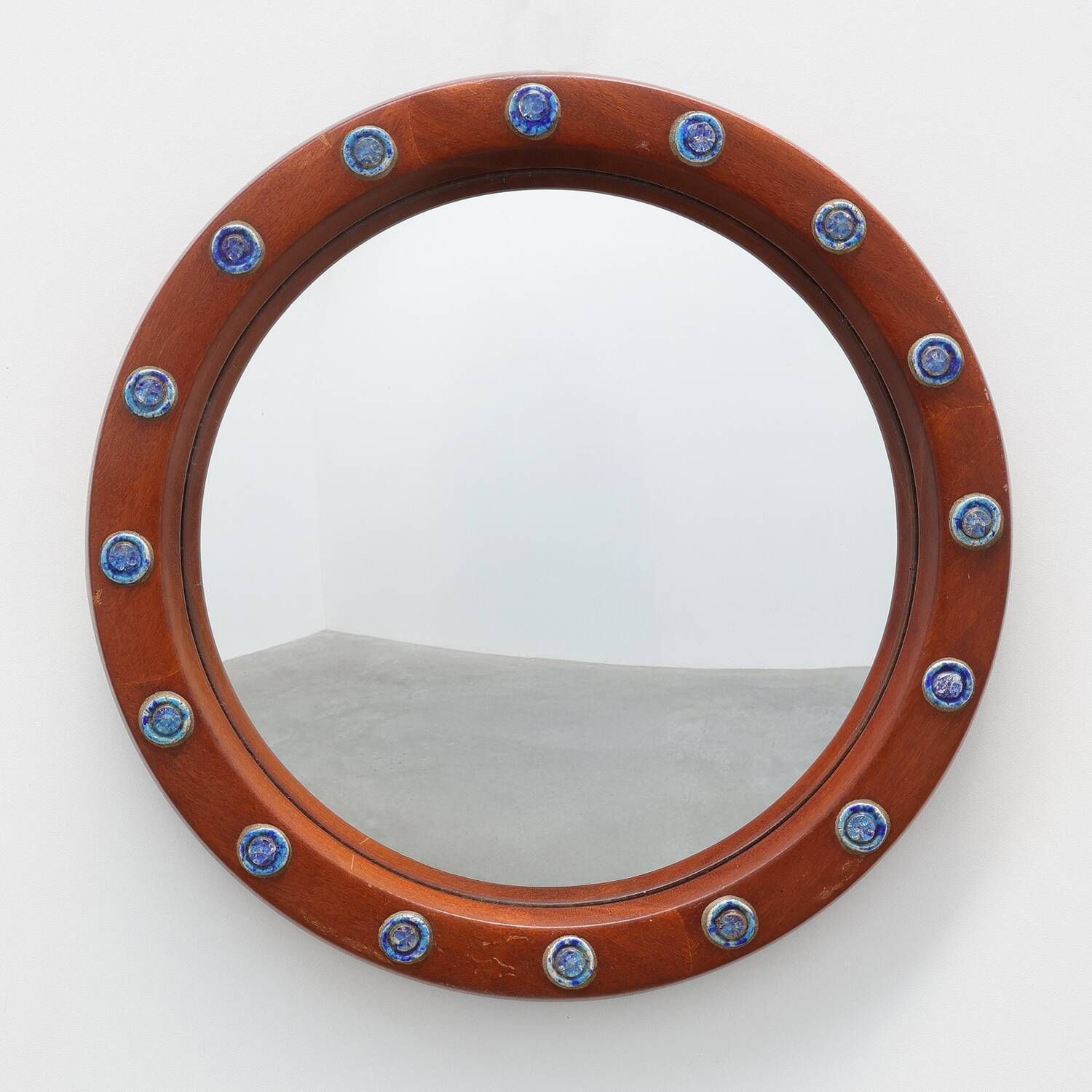 Round Teak Mirror with Blue Ceramic Stud Decoration by Deknudt, 1960s
