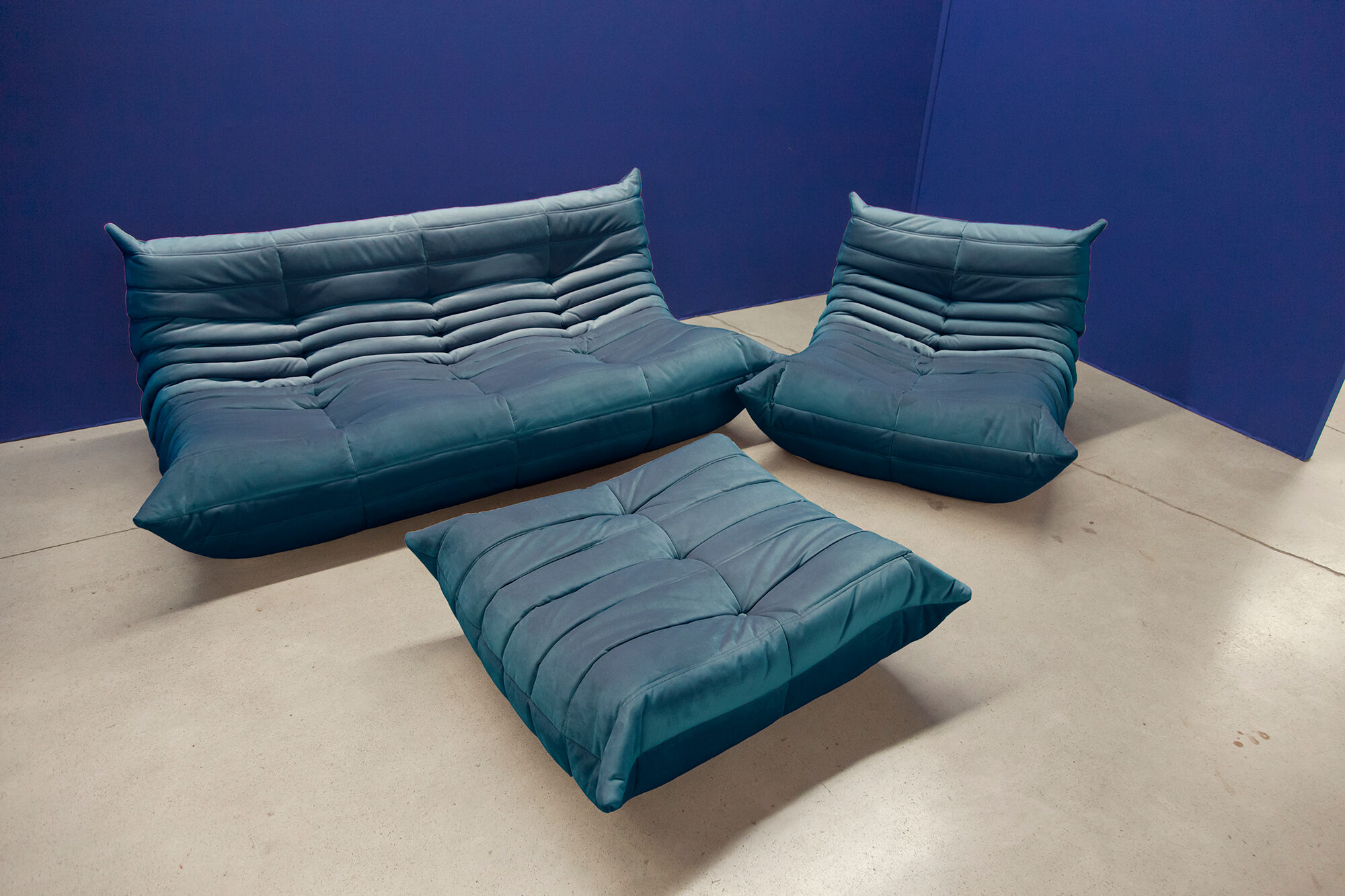 Sofa and ottoman in velvet designed by Michel Ducaroy 1973