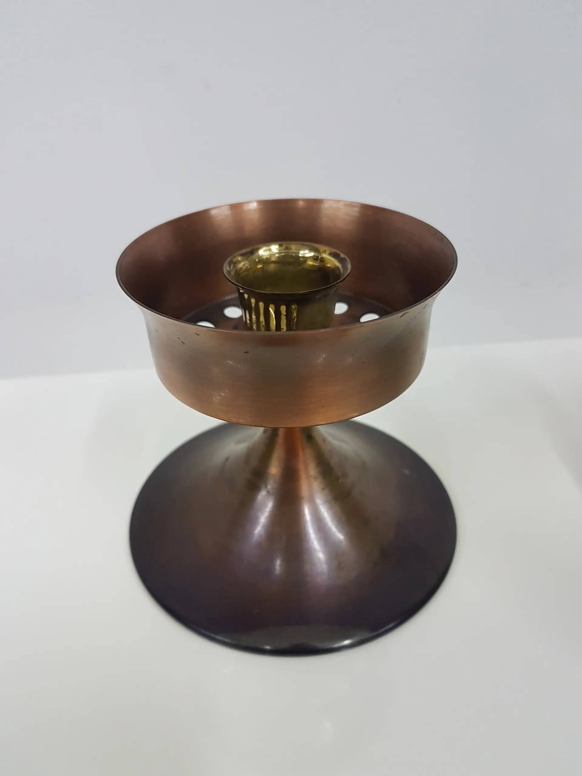 Candlestick, gold-tone brass, clear greenish glass, Austria, 1960s.