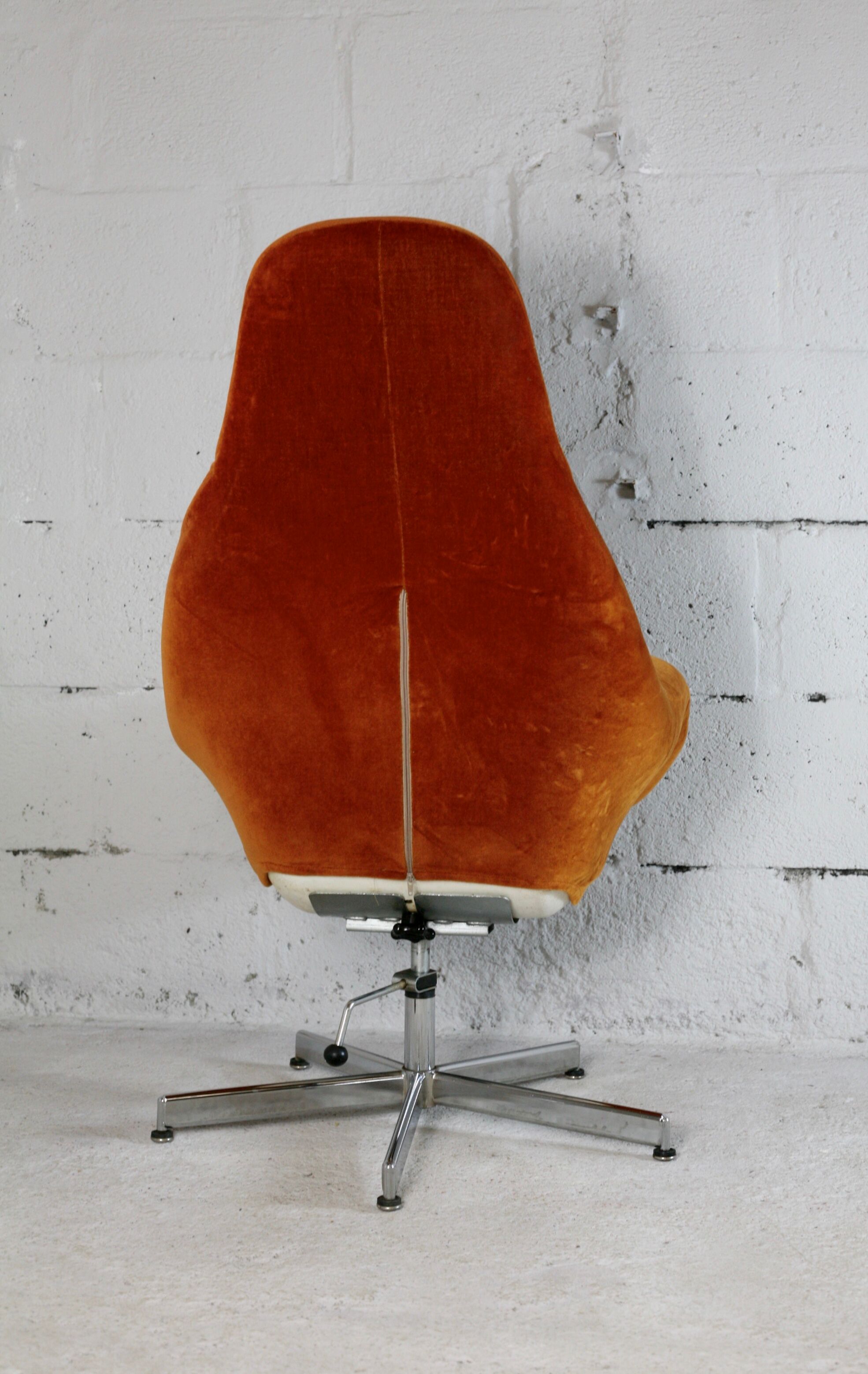 Space age chair, fiberglass, orange velvet, circa 1970s