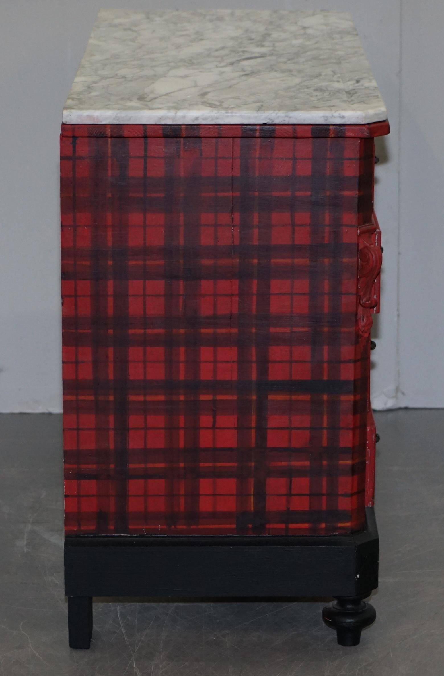 Victorian Commode with Tartan Upholstery and Marble Top