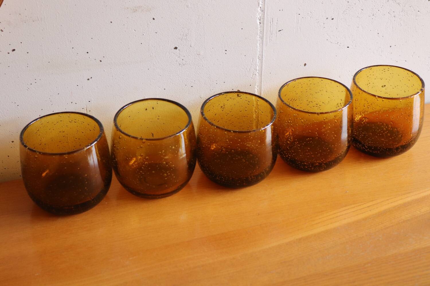 5 amber blown bubble glasses