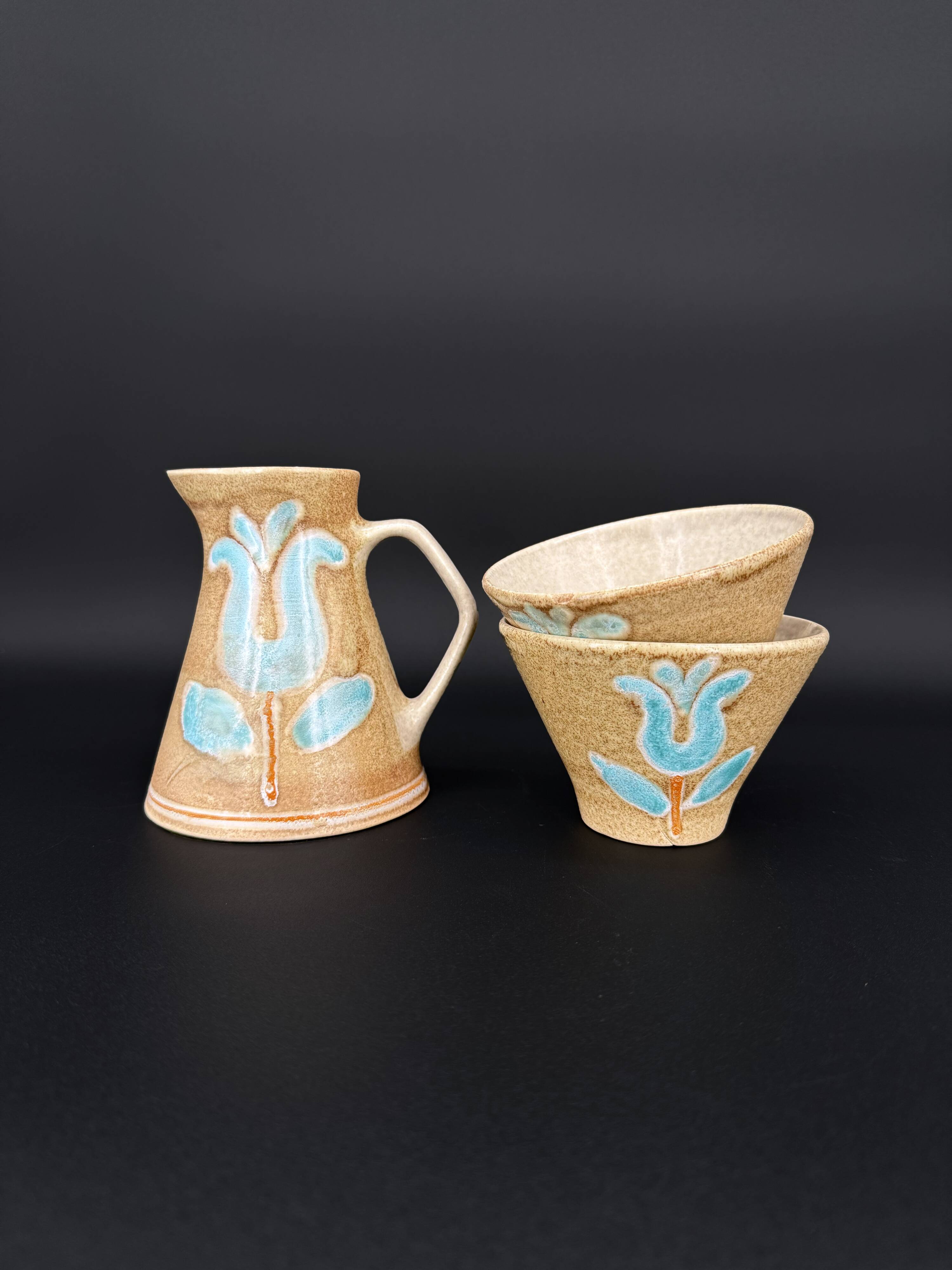Grès breton peint main – Ensemble floral turquoise Manufacture Bretonne de